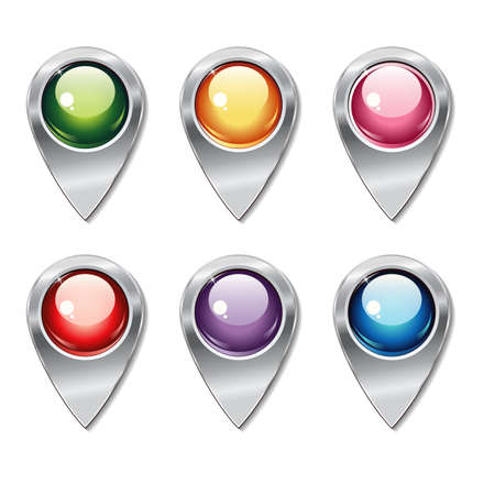 Set of metallic map pointers with colored shiny buttons on a white background for websites or applications (app) for smartphones and tablets.のイラスト素材