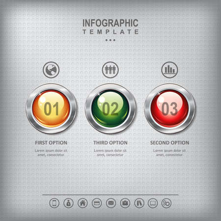 Set of shiny colored buttons with metallic elements on a metal textured  background for business design, infographics, step presentation or website design.のイラスト素材