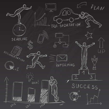 Set of chalk sketched business management infographics elements with the silhouette of the manのイラスト素材