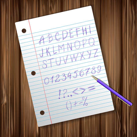 Hand drawn sketch font on a sheet of notebook with a pen, on wooden tableのイラスト素材