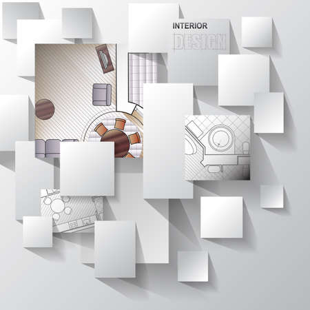 Background for design of interiors with parts of detailed architectural plan and flat projection with furniture on overlapping squares and rectangles.のイラスト素材