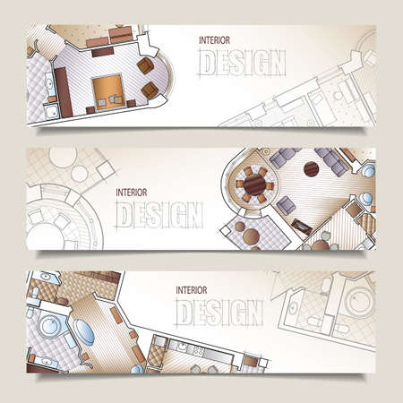 Set of horizontal banners with parts of detailed architectural plan and flat projection with furniture. Background for design of interiors.のイラスト素材