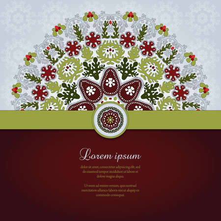 Vector card with round floral pattern and ribbon. Delicate ornament with lacy leaves. Place for your text. Perfect for greetings, invitations or announcements. のイラスト素材