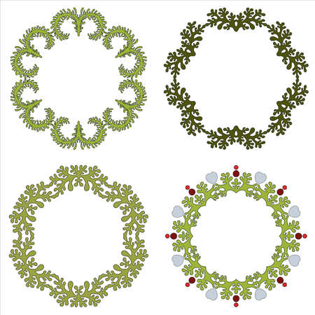 Set of four circular floral frames on white background for your design. Lacy and delicate ornament.のイラスト素材