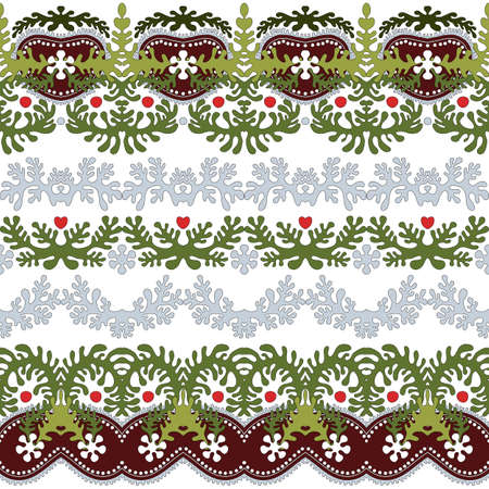 Set of five seamless borders isolated on white background. Delicate pattern with floral symmetrical elements.  Lacy leaves.のイラスト素材