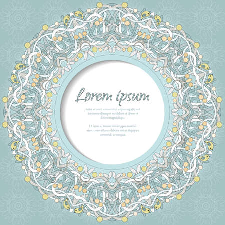 Card with frame of delicate ornament. Branches, mistletoe and birds. Place for your text. Perfect for greetings, invitations or announcementsのイラスト素材