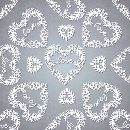 Seamless background with lacy hearts and lettering. Lacy hearts with shadows. Can represent love, Valentineのイラスト素材
