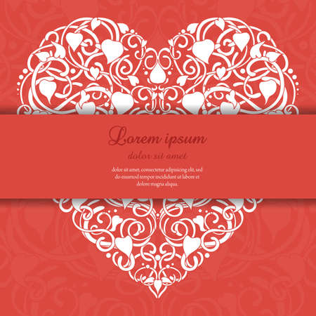 Invitation card with heart silhouette created by floral ornament. Can represent love, Valentine's Day, romance.のイラスト素材
