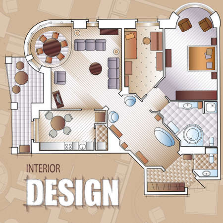 Background for design of interiors with parts of detailed architectural plan and flat projection with furniture.のイラスト素材