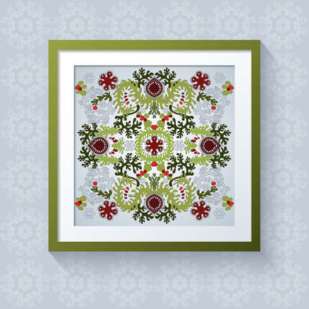 3D picture frame with floral symmetrical elements. Realistic template square photo frames with shadow. Lacy leaves.のイラスト素材