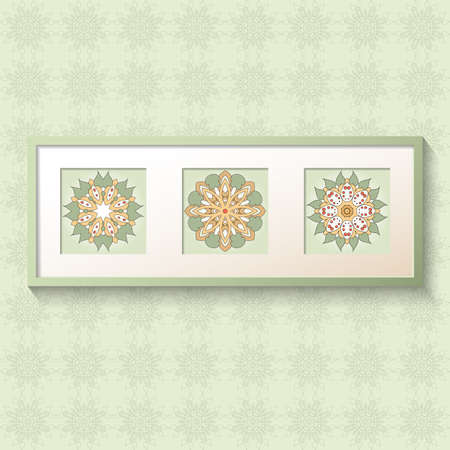 3D picture frame design vector with floral ornaments. Realistic template square photo frames with shadow. Triptych.のイラスト素材