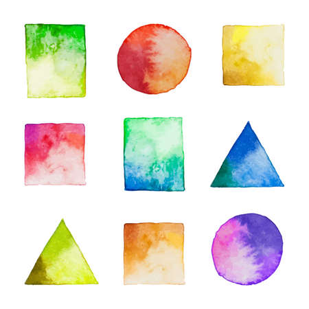Set of vector watercolor geometric shapes. Watercolor design elements isolated on white background. Colorful square, rectangle, circle, triangle.のイラスト素材