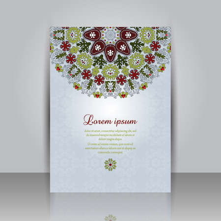Brochure Flyer with round floral pattern. Brochure template with place for your text. Realistic shadows. Perfect for greetings, invitations or announcements.のイラスト素材