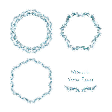 Set of round frames made of watercolor  blue branches with thorns. Hand-painted watercolor design elements isolated on white. Perfect for greetings, invitations, web design.のイラスト素材