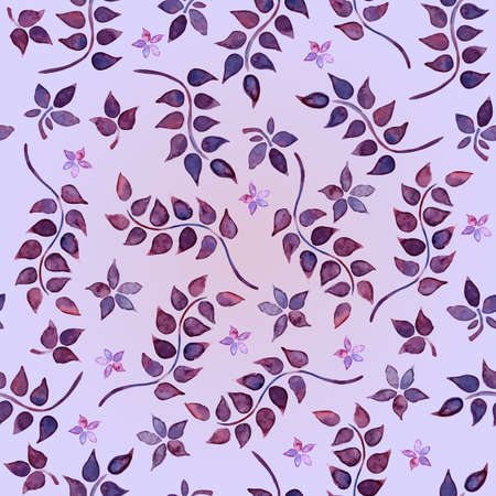 Seamless vector pattern with watercolor floral elements. Hand drawn ornament with violet twigs and flowers. Perfect for greetings, invitations, manufacture wrapping paper, textile, web design.のイラスト素材