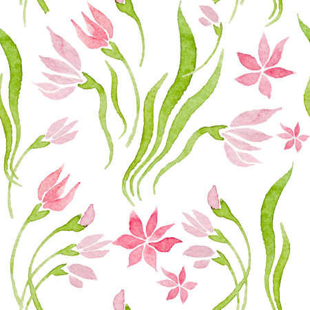Seamless vector pattern with watercolor rose tulips on white background. Hand drawn  delicate ornament.  Perfect for greetings, invitations, manufacture wrapping paper, textile, web design.のイラスト素材