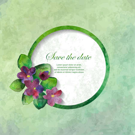 Card with bouquet of watercolor violets and place for your text. Hand drawn flowers. Vintage illustration. Perfect for greetings, invitations, announcement, web design.のイラスト素材