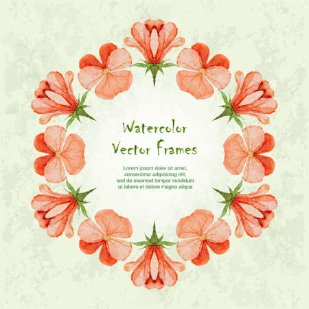 Vector round frame with watercolor Geranium flowers and place for your text. Perfect for greetings, invitations, announcement, web design.のイラスト素材