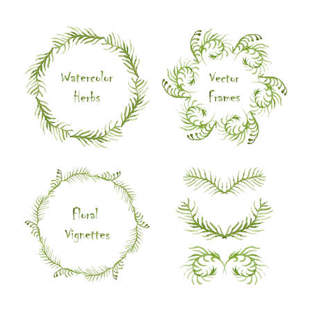 Set of round frames and vignettes made of watercolor ferns. Hand-painted watercolor design elements isolated on white. Perfect for greetings, invitations, web design.のイラスト素材