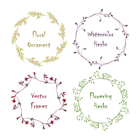 Set of round frames made of watercolor floral elements. Hand-painted watercolor design elements isolated on white. Perfect for greetings, invitations, web design.のイラスト素材