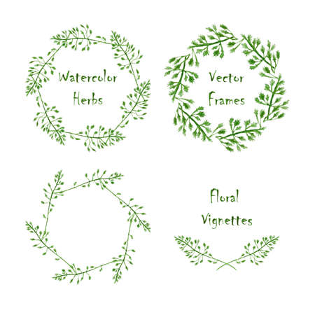 Set of round frames and vignettes made of watercolor grass. Hand-painted watercolor design elements isolated on white. Perfect for greetings, invitations, web design.のイラスト素材
