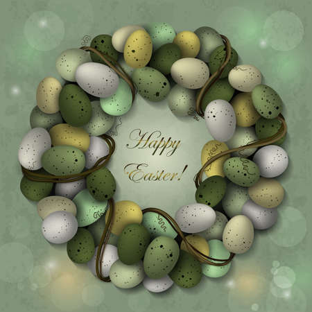 Easter wreath of eggs and twigs with place for text. Holiday background.のイラスト素材