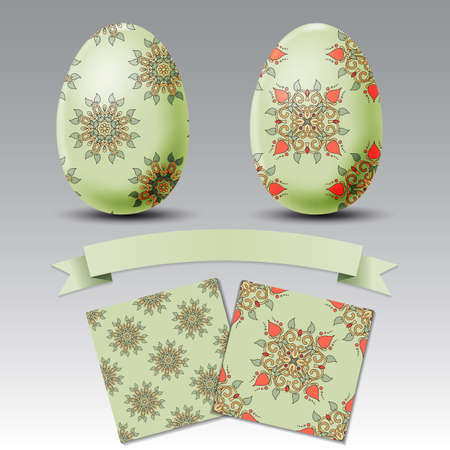 Set of realistic eggs with floral ornaments isolated on grey background. Easter collection: realistic eggs, patterns and ribbon for your text. Happy Easter day vector clip art for your design.のイラスト素材