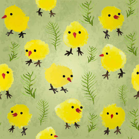 Seamless background with watercolor chickens and grass. Happy Easter day vector pattern. Perfect for greetings, invitations, manufacture wrapping paper, textile, web design.のイラスト素材
