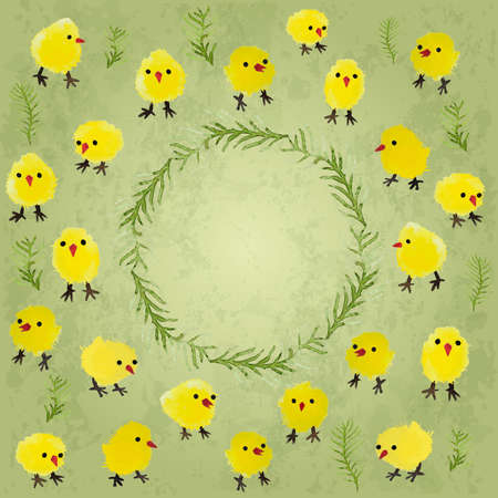 Easter card with watercolor chickens and grass. Happy Easter day vector frame. Perfect for greetings, invitations, cards, banners, web design.のイラスト素材