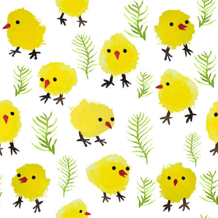 Seamless background with watercolor chickens and grass. Happy Easter day vector pattern. Perfect for greetings, invitations, manufacture wrapping paper, textile, web design.のイラスト素材