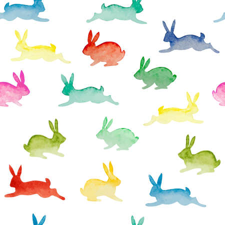 Seamless background with watercolor colorful rabbits. Happy Easter day vector pattern. Perfect for greetings, invitations, manufacture wrapping paper, textile, web design.のイラスト素材