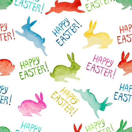 Seamless background with watercolor colorful rabbits and lettering. Happy Easter day vector pattern. Perfect for greetings, invitations, manufacture wrapping paper, textile, web design.のイラスト素材