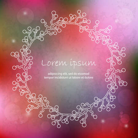 Hand drawn floral frame on a blurred vector background with lights and a place for your text. Perfect for greetings, invitations, save the date, wedding card, announcement, web design.のイラスト素材
