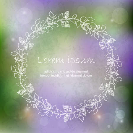 Hand drawn floral frame on a blurred vector background with lights and a place for your text. Perfect for greetings, invitations, save the date, wedding card, announcement, web design.のイラスト素材