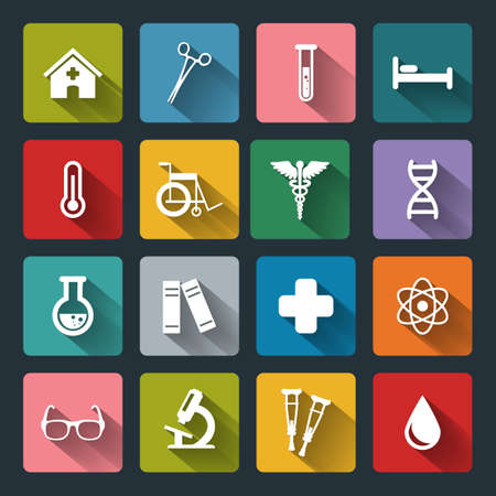 Set of vector Medical Icons in flat style with long shadows. Medical white icons on colored basis.のイラスト素材