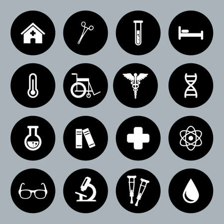 Set of vector Medical Icons in flat style. Medical white icons on black basis.のイラスト素材