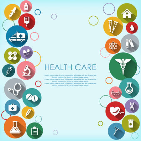 Background with vector Medical Icons in flat style with long shadows. Health care background. Medical white icons on colored basis.のイラスト素材
