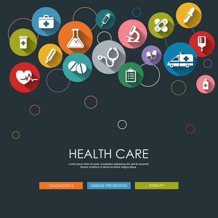 Background with vector Medical Icons in flat style with long shadows. Health care background. Medical white icons on colored basis.のイラスト素材