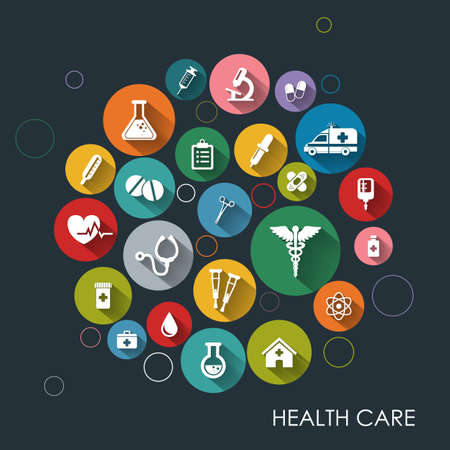 Background with vector Medical Icons in flat style with long shadows. Health care background. Medical white icons on colored basis.のイラスト素材
