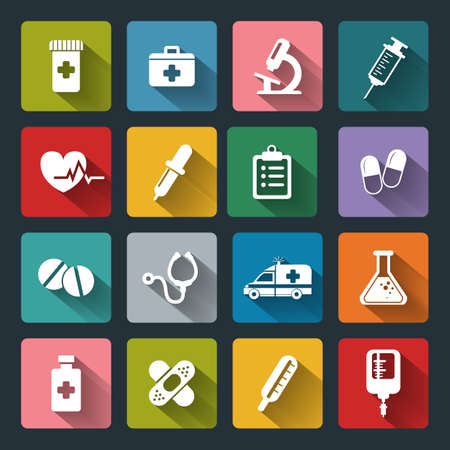 Set of vector Medical Icons in flat style with long shadows. Medical white icons on colored basis.のイラスト素材