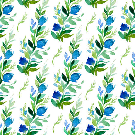 Seamless vector pattern with watercolor floral elements. Hand drawn ornament with blue flowers.  Perfect for greetings, invitations, manufacture wrapping paper, textile, web design.のイラスト素材
