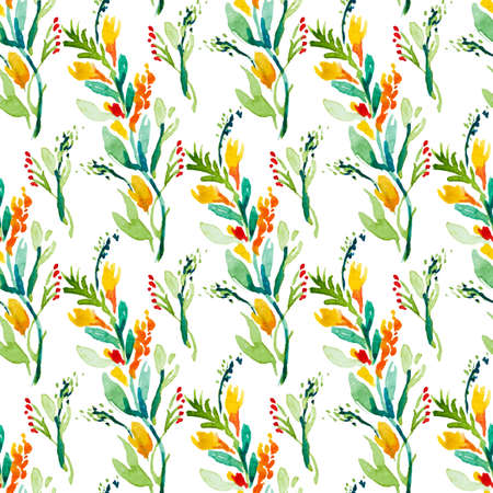 Seamless vector pattern with watercolor floral elements. Hand drawn ornament with blue flowers.  Perfect for greetings, invitations, manufacture wrapping paper, textile, web design.のイラスト素材