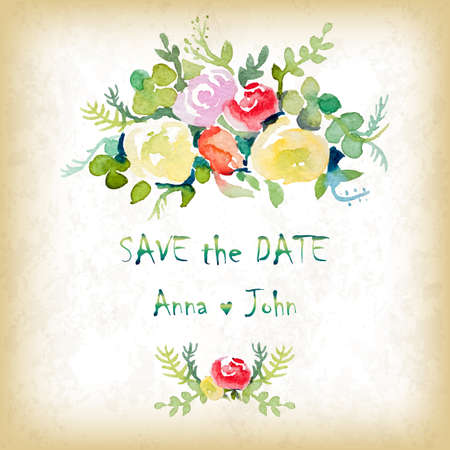 Vintage wedding invitation with watercolor flowers. Vintage Floral Card. Perfect for greetings, invitations, save the date, wedding card, announcement, web design.のイラスト素材
