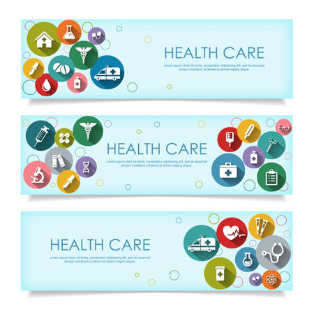 Set of horizontal  banners with vector Medical Icons in flat style with long shadows, isolated on white background. Vector illustration for your design.のイラスト素材