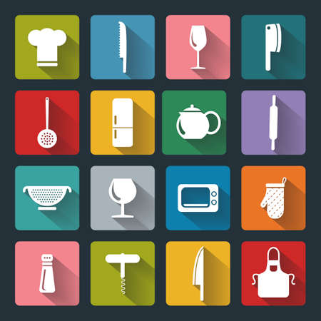 Vector design kitchen flat icons for web, white on colored basis with long shadowのイラスト素材