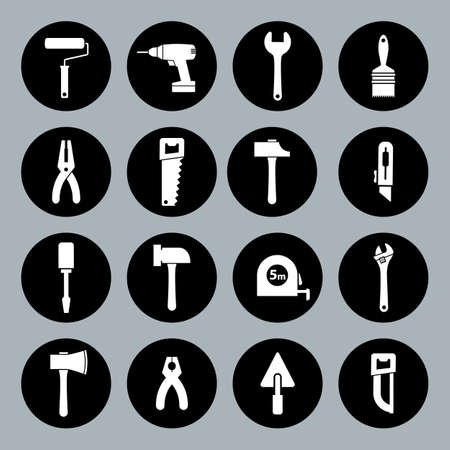 House remodel: set of vector design flat working tools icons, white on black basisのイラスト素材