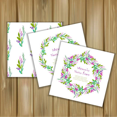 Set of seamless pattern and two round frame with watercolor flowers on wood background. Perfect for greetings, invitations, announcement, web design. Angle of rotation 347 and 12.のイラスト素材