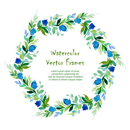 Vector round frame with watercolor  flowers on white background. Place for your text. Perfect for greetings, invitations, announcement, web design.のイラスト素材