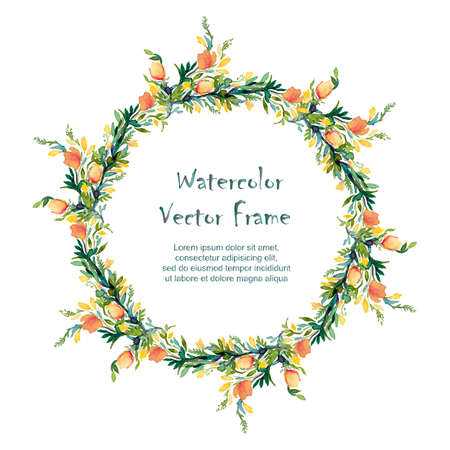 Vector round frame with watercolor  flowers on white background. Place for your text. Perfect for greetings, invitations, announcement, web design.のイラスト素材