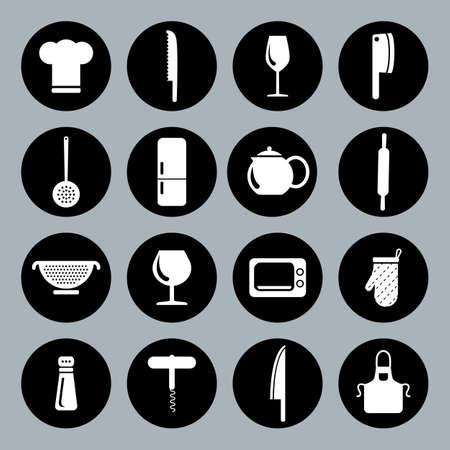 Vector design kitchen flat icons for web, white on black basisのイラスト素材